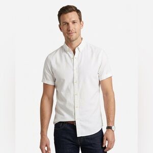 Men's Short-Sleeve Button-Down Shirt in White Cotton/Linen Blend